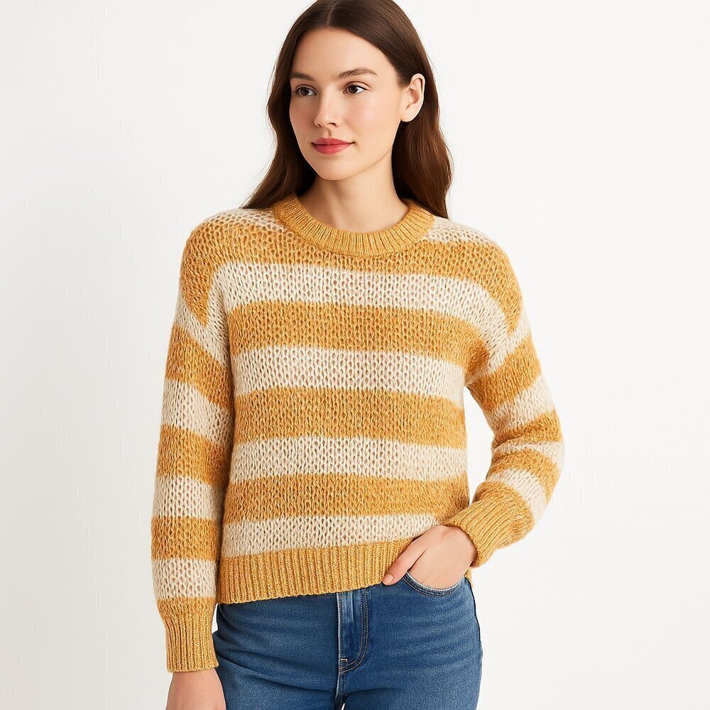 Madewell Striped Cotton Blend Open Knit Sweater Yellow XS